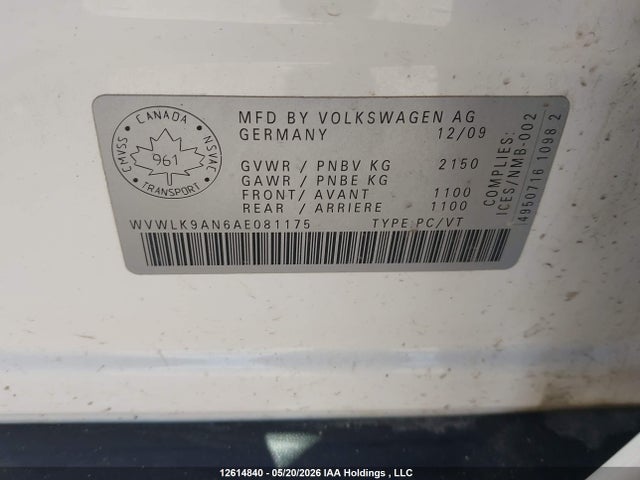 12614840 :رقم المزاد ، WVWLK9AN6AE081175 vin ، 2010 Volkswagen Passat مزاد بيع