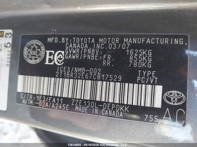 Продажа на аукционе авто 2007 Toyota Corolla Ce/le/sport, vin: 2T1BR32E67C817529, номер лота: 12614855
