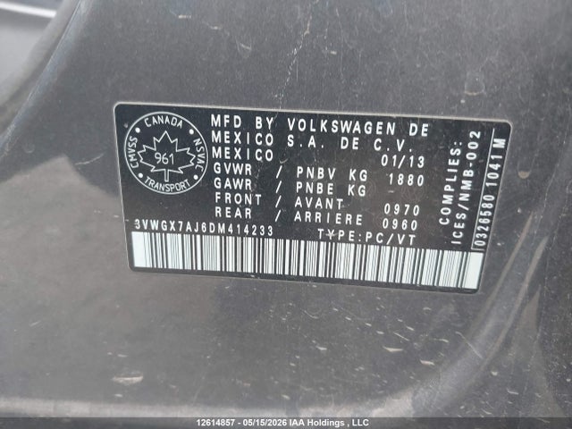 12614857 :رقم المزاد ، 3VWGX7AJ6DM414233 vin ، 2013 Volkswagen Jetta Sel مزاد بيع