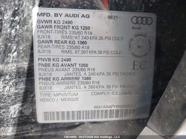 Auction sale of the 2022 Audi Q5, vin: WA1AAAFY5N2002322, lot number: 12614858