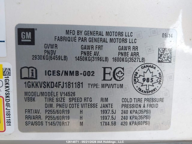 Продаж на аукціоні авто 2015 Gmc Acadia Slt2, vin: 1GKKVSKD4FJ181181, номер лоту: 12614871