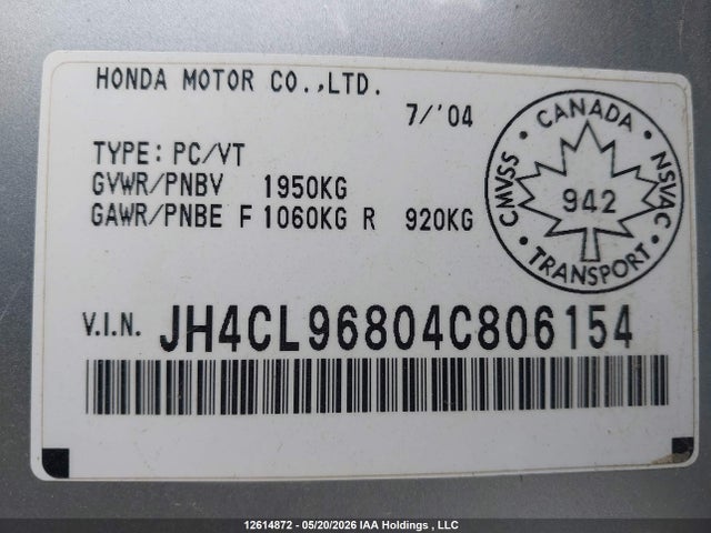 Продаж на аукціоні авто 2004 Acura Tsx, vin: JH4CL96804C806154, номер лоту: 12614872