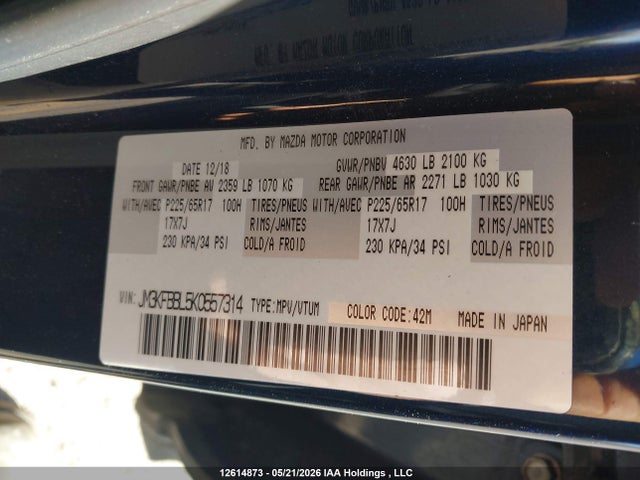Продаж на аукціоні авто 2019 Mazda Cx-5, vin: JM3KFBBL5K0557314, номер лоту: 12614873
