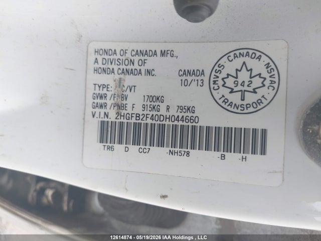 Aukcja sprzedaży 2013 Honda Civic Lx, vin: 2HGFB2F40DH044660, numer aukcji: 12614874
