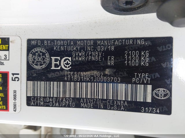 4T1B31HK1JU003703 Toyota Camry Hybrid Le