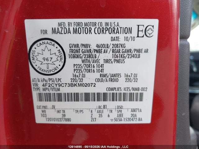 2011 Mazda Tribute Gx I4 მანქანა იყიდება აუქციონზე, vin: 4F2CY9C73BKM02072, აუქციონის ნომერი: 12614895