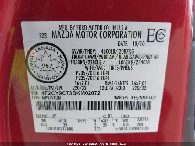 2011 Mazda Tribute Gx I4 მანქანა იყიდება აუქციონზე, vin: 4F2CY9C73BKM02072, აუქციონის ნომერი: 12614895