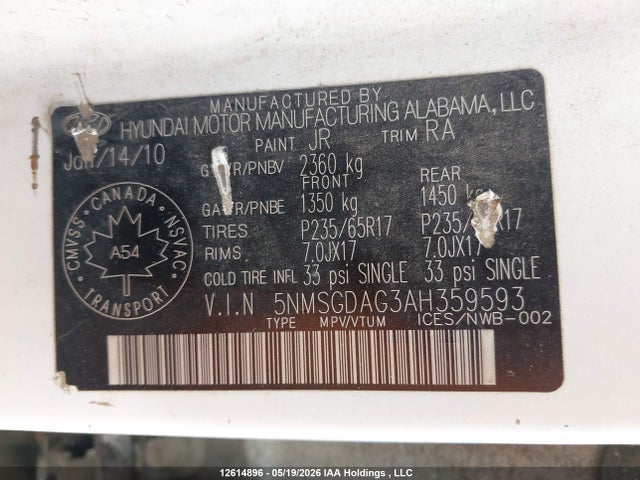 Продажа на аукционе авто 2010 Hyundai Santa Fe Gls, vin: 5NMSGDAG3AH359593, номер лота: 12614896