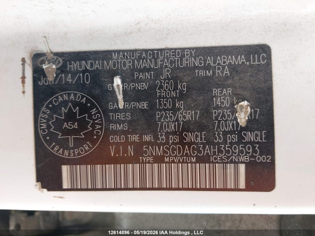 Продажа на аукционе авто 2010 Hyundai Santa Fe Gls, vin: 5NMSGDAG3AH359593, номер лота: 12614896