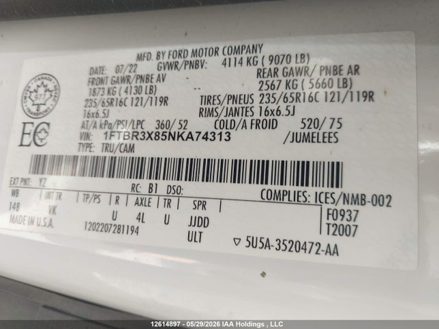 2022 Ford Transit T-250 მანქანა იყიდება აუქციონზე, vin: 1FTBR3X85NKA74313, აუქციონის ნომერი: 12614897