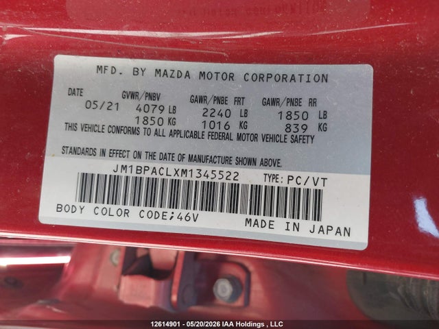 Aukcja sprzedaży 2021 Mazda 3 Preferred, vin: JM1BPACLXM1345522, numer aukcji: 12614901