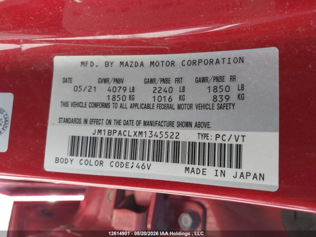 Aukcja sprzedaży 2021 Mazda 3 Preferred, vin: JM1BPACLXM1345522, numer aukcji: 12614901