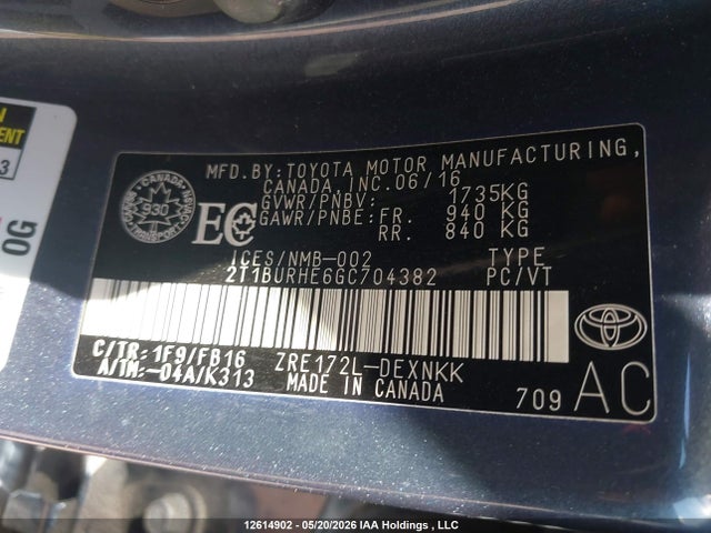 Aukcja sprzedaży 2016 Toyota Corolla L/le/le Pls/prm/s/s Pls, vin: 2T1BURHE6GC704382, numer aukcji: 12614902