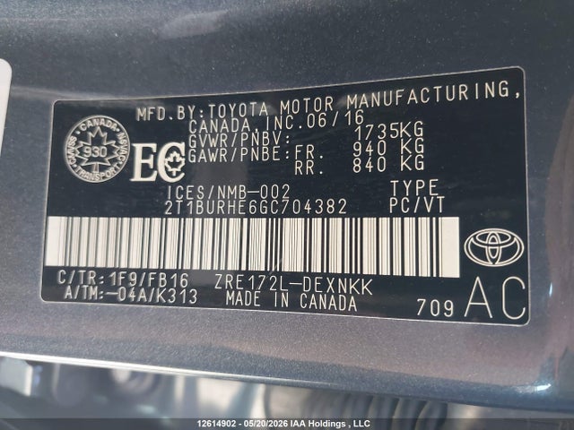 Aukcja sprzedaży 2016 Toyota Corolla L/le/le Pls/prm/s/s Pls, vin: 2T1BURHE6GC704382, numer aukcji: 12614902