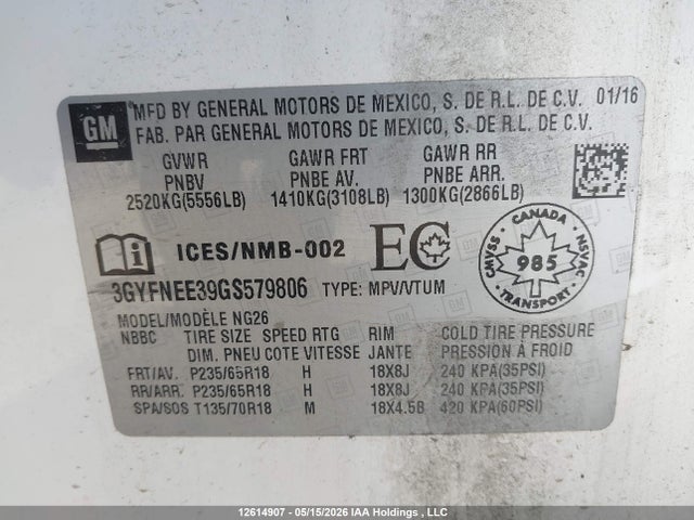 Продаж на аукціоні авто 2016 Cadillac Srx Luxury Collection, vin: 3GYFNEE39GS579806, номер лоту: 12614907