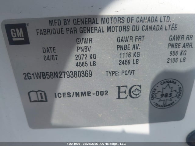 Продаж на аукціоні авто 2007 Chevrolet Impala Ls, vin: 2G1WB58N279380369, номер лоту: 12614909