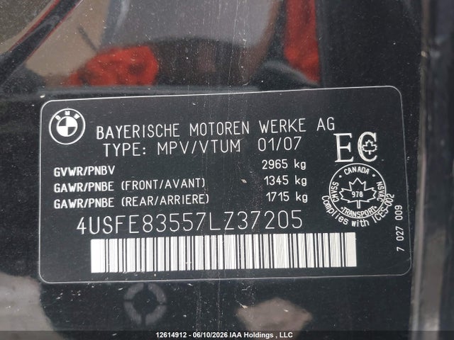 2007 Bmw X5 4.8i მანქანა იყიდება აუქციონზე, vin: 4USFE83557LZ37205, აუქციონის ნომერი: 12614912