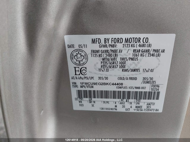 Продаж на аукціоні авто 2011 Ford Escape Limited, vin: 1FMCU9E72BKC44408, номер лоту: 12614918