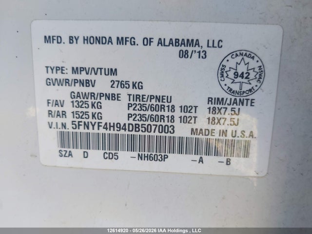 2013 Honda Pilot Touring მანქანა იყიდება აუქციონზე, vin: 5FNYF4H94DB507003, აუქციონის ნომერი: 12614920