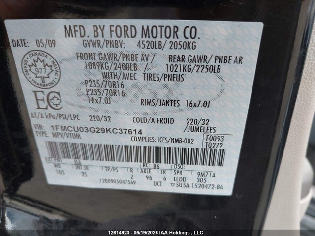 Aukcja sprzedaży 2009 Ford Escape Xlt, vin: 1FMCU03G29KC37614, numer aukcji: 12614923