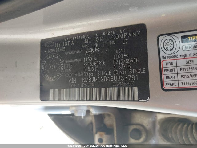 2006 Hyundai Tucson Gl მანქანა იყიდება აუქციონზე, vin: KM8JM12B46U333781, აუქციონის ნომერი: 12614930