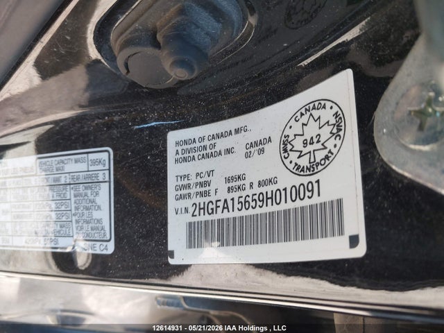 12614931 :رقم المزاد ، 2HGFA15659H010091 vin ، 2009 Honda Civic Lx-s مزاد بيع