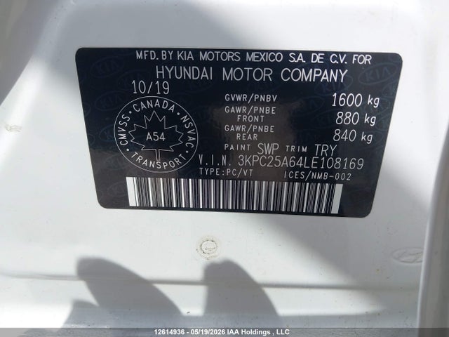 12614936 :رقم المزاد ، 3KPC25A64LE108169 vin ، 2020 Hyundai Accent Preferred Auto Ivt مزاد بيع