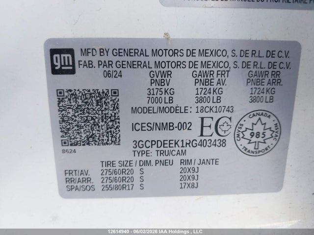 Auction sale of the 2024 Chevrolet Silverado 1500 Rst, vin: 3GCPDEEK1RG403438, lot number: 12614940