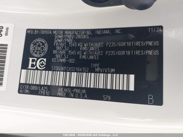 5TDGSKFCXSS164152 Toyota Sienna Le/xse/limited/platinum