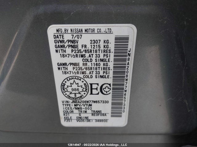 2007 Nissan Murano Sl/se/s მანქანა იყიდება აუქციონზე, vin: JN8AZ08W77W657330, აუქციონის ნომერი: 12614947