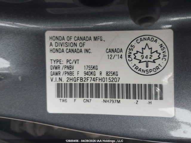 Продажа на аукционе авто 2015 Honda Civic Touring, vin: 2HGFB2F74FH015207, номер лота: 12600456