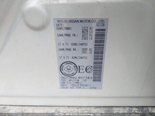 5N1AT2MV8GC807383 Nissan Rogue S/sl Premium/sv