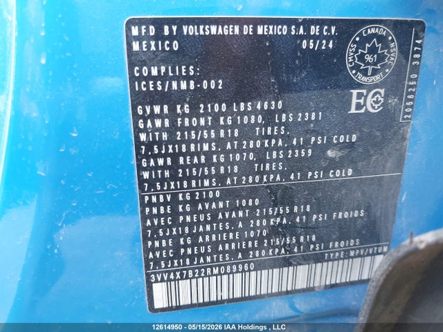 Aukcja sprzedaży 2024 Volkswagen Taos Highline, vin: 3VV4X7B22RM089960, numer aukcji: 12614950