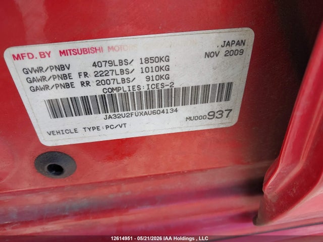 Aukcja sprzedaży 2010 Mitsubishi Lancer, vin: JA32U2FUXAU604134, numer aukcji: 12614951