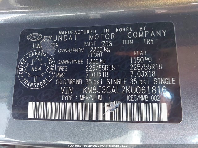 KM8J3CAL2KU061816 Hyundai Tucson Limited/sel/sport/ultimate/value/night