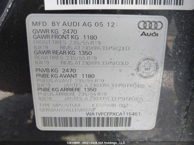 12614955 :رقم المزاد ، WA1VFCFPXCA115451 vin ، 2012 Audi Q5 2.0t Premium Plus مزاد بيع