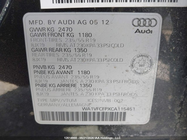12614955 :رقم المزاد ، WA1VFCFPXCA115451 vin ، 2012 Audi Q5 2.0t Premium Plus مزاد بيع