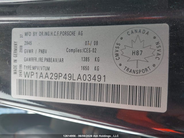 12614956 :رقم المزاد ، WP1AA29P49LA03491 vin ، 2009 Porsche Cayenne مزاد بيع