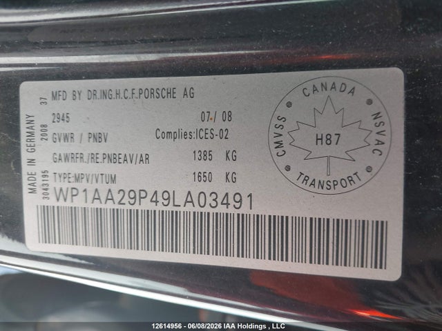12614956 :رقم المزاد ، WP1AA29P49LA03491 vin ، 2009 Porsche Cayenne مزاد بيع