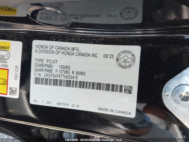 Продажа на аукционе авто 2026 Honda Civic Sport Hybrid/sport Touring Hybrid, vin: 2HGFE4F87TH003415, номер лота: 12614959
