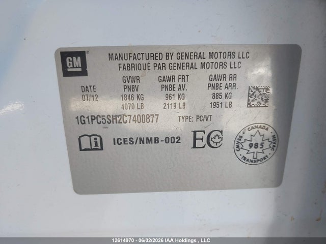 Продажа на аукционе авто 2012 Chevrolet Cruze Ls, vin: 1G1PC5SH2C7400877, номер лота: 12614970