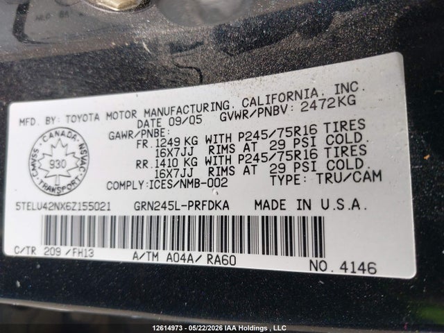 12614973 :رقم المزاد ، 5TELU42NX6Z155021 vin ، 2006 Toyota Tacoma V6 مزاد بيع