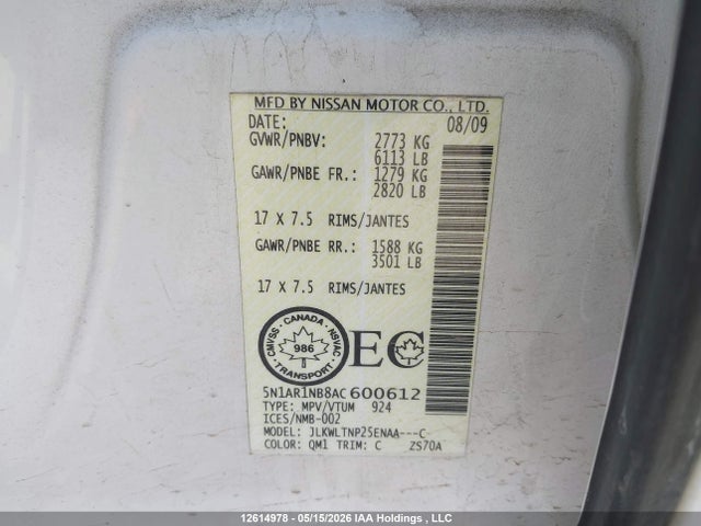 Aukcja sprzedaży 2010 Nissan Pathfinder S/le/se, vin: 5N1AR1NB8AC600612, numer aukcji: 12614978