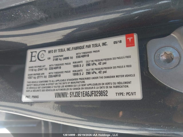 5YJ3E1EA6JF029852 Tesla Model 3 Long Range/mid Range