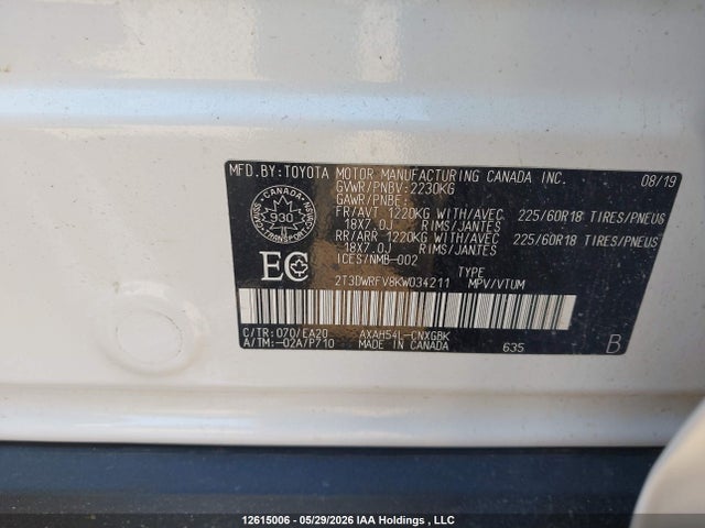 Продаж на аукціоні авто 2019 Toyota Rav4 Limited, vin: 2T3DWRFV8KW034211, номер лоту: 12615006