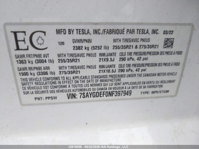 Tesla Model Y 2022 7SAYGDEF0NF397949 Image 9