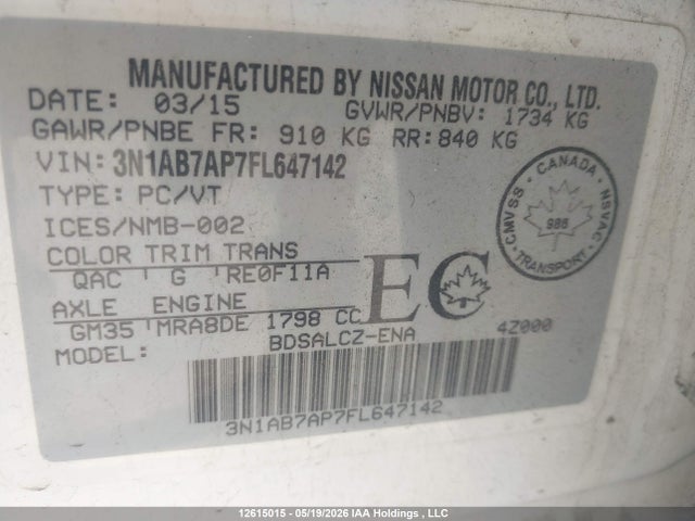 3N1AB7AP7FL647142 Nissan Sentra S/sv/sr/sl