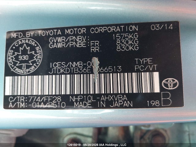 JTDKDTB36E1066513 Toyota PRIUS C
