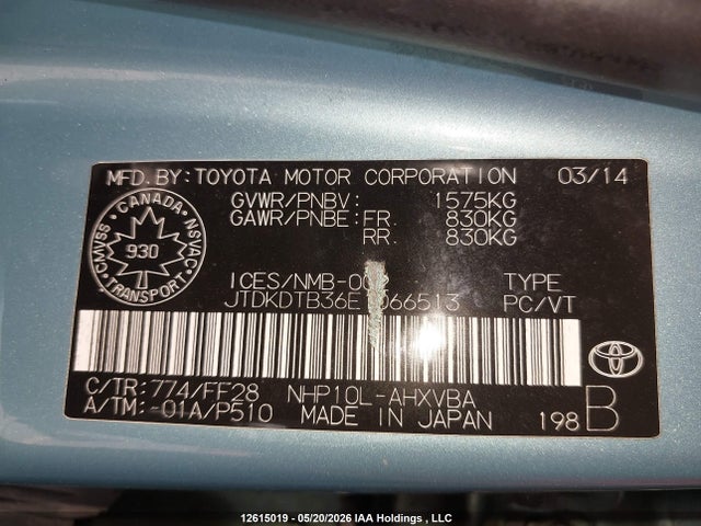 JTDKDTB36E1066513 Toyota PRIUS C