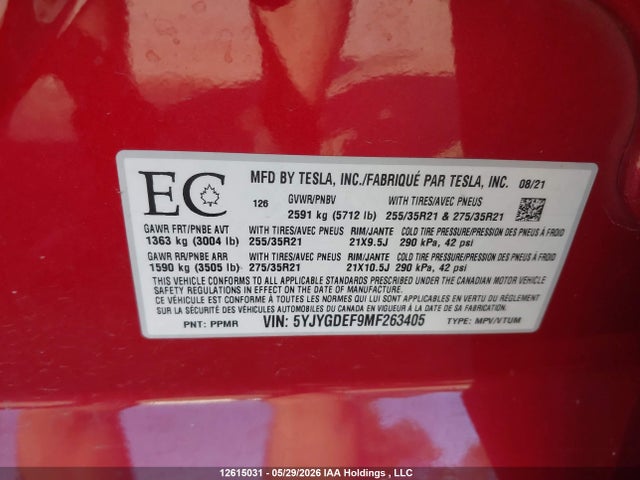 Tesla Model Y Performance 2021 5YJYGDEF9MF263405 Image 9